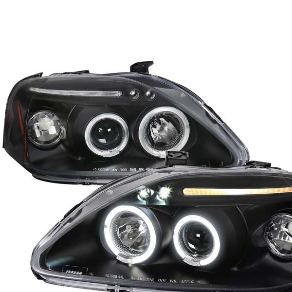 1999-2000 Honda Civic Dual Halo Projector Headlights Matte Black/Clear Lens