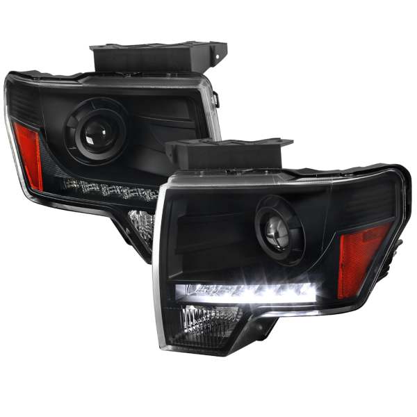 2009-2014 Ford F-20150 Projector Headlights w/ LED Light Strip Matte Black/Clear