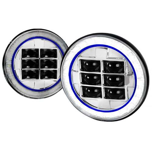 Universal 7 Round Cree LED Blue Rim Halo Projector Headlights 2PC Chrome/Clear