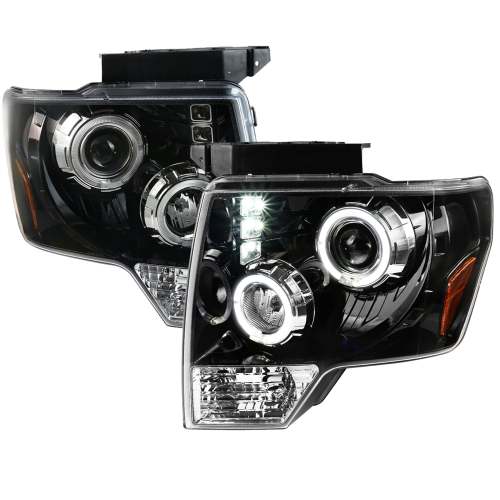 2009-2014 Ford F-20150 Dual Halo Projector Headlights Jet Black/Clear Lens
