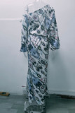 Elegant Print Printing Oblique Collar Long Sleeve Two Pieces