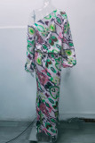 Elegant Print Printing Oblique Collar Long Sleeve Two Pieces
