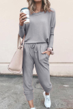 Casual Solid Patchwork O Neck Long Sleeve Two Pieces