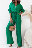 Casual Solid Patchwork Buckle Turndown Collar Long Sleeve Two Pieces