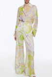 Casual Print Patchwork Buckle Turndown Collar Long Sleeve Two Pieces