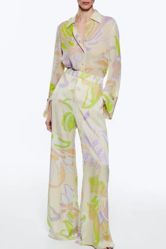 Casual Print Patchwork Buckle Turndown Collar Long Sleeve Two Pieces