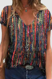 Casual Print Patchwork V Neck T-Shirts