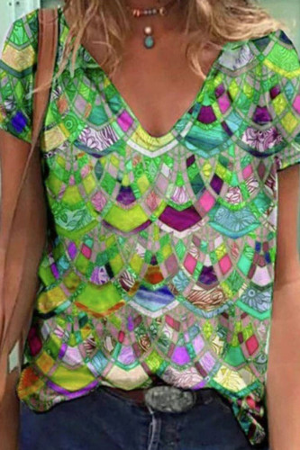 Ethnic Print V Neck T Shirt