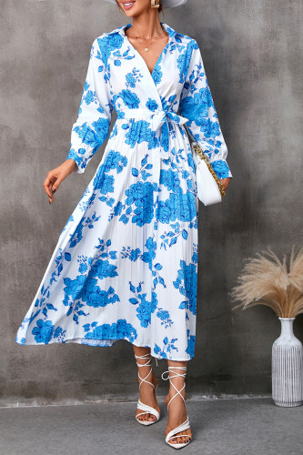 Fashion Elegant Print With Belt V Neck Pleated Dresses