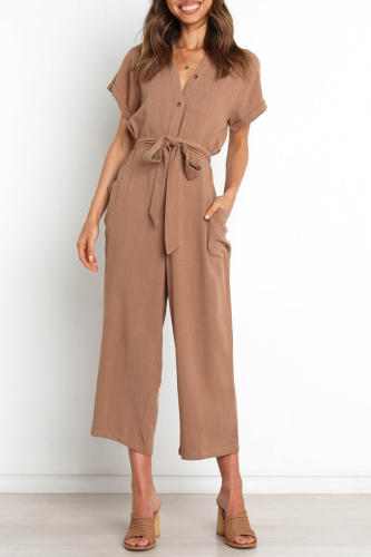 Casual Solid Bandage V Neck Straight Jumpsuits