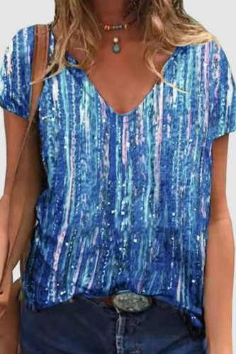 Casual Print Patchwork V Neck T-Shirts