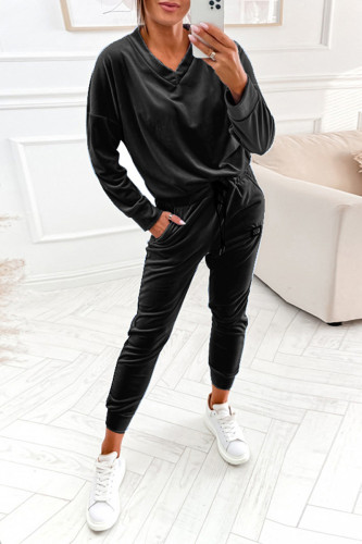 Fashion Casual Solid Frenulum V Neck Long Sleeve Two Pieces