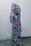 Elegant Print Printing Oblique Collar Long Sleeve Two Pieces