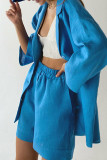 Casual Solid Patchwork Buttons Turn-back Collar Long Sleeve Two Pieces