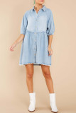Casual Solid Patchwork Buckle Turndown Collar Half Sleeve Loose Denim Dresses