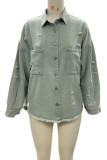 Fashion Solid Ripped Make Old Turndown Collar Long Sleeve Loose Denim Jacket