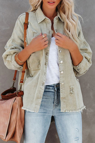 Fashion Solid Ripped Make Old Turndown Collar Long Sleeve Loose Denim Jacket