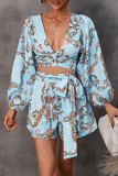Fashion Elegant Print Printing V Neck Loose Rompers
