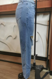 Casual Solid Ripped Straight Denim Jeans