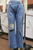 Casual Solid Ripped Straight Denim Jeans