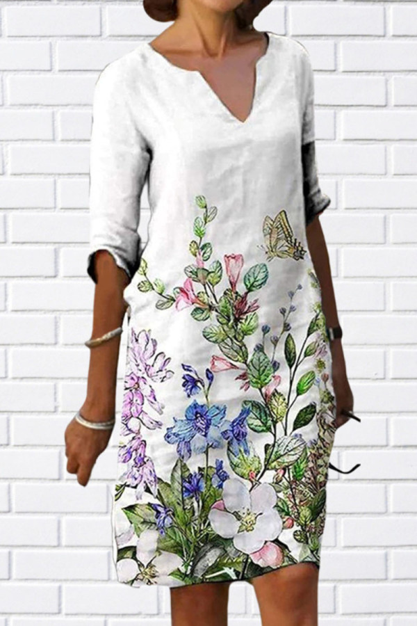 Fashion Casual Print Basic V Neck Printed Dress
