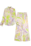 Casual Print Patchwork Buckle Turndown Collar Long Sleeve Two Pieces
