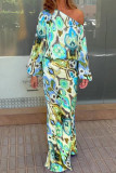 Elegant Print Printing Oblique Collar Long Sleeve Two Pieces