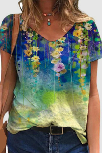 Casual Print Patchwork O Neck T-Shirts