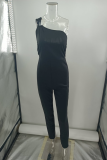 Casual Solid Patchwork One Shoulder Regular Jumpsuits