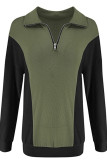 Casual Patchwork Zipper Turndown Collar Tops