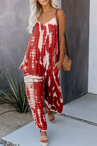 Casual Patchwork Tie-dye Spaghetti Strap Straight Jumpsuits
