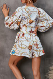 Fashion Elegant Print Printing V Neck Loose Rompers