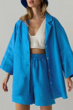 Casual Solid Patchwork Buttons Turn-back Collar Long Sleeve Two Pieces