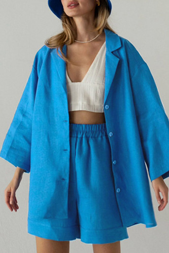 Casual Solid Patchwork Buttons Turn-back Collar Long Sleeve Two Pieces