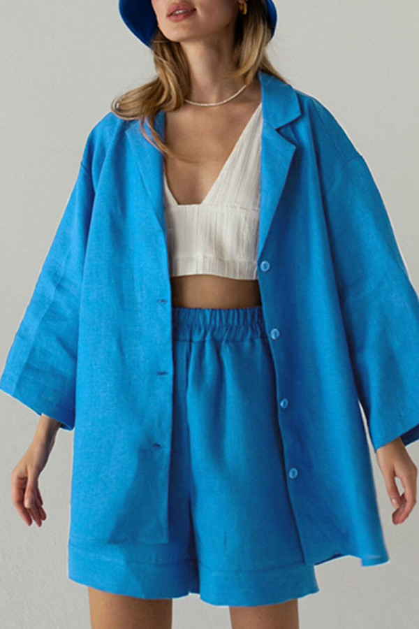 Casual Solid Patchwork Buttons Turn-back Collar Long Sleeve Two Pieces