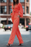 Fashion Solid Bandage V Neck Long Sleeve Two Pieces