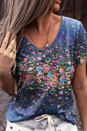 Floral Art Print V Neck T Shirt
