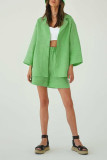 Casual Solid Patchwork Buttons Turn-back Collar Long Sleeve Two Pieces