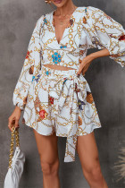 Fashion Elegant Print Printing V Neck Loose Rompers