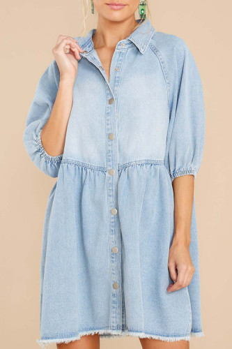 Casual Solid Patchwork Buckle Turndown Collar Half Sleeve Loose Denim Dresses