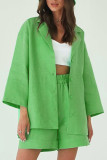 Casual Solid Patchwork Buttons Turn-back Collar Long Sleeve Two Pieces