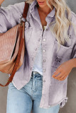 Fashion Solid Ripped Make Old Turndown Collar Long Sleeve Loose Denim Jacket