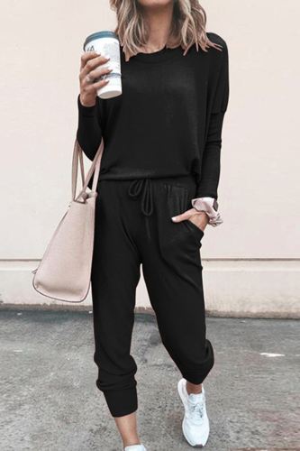 Casual Solid Patchwork O Neck Long Sleeve Two Pieces