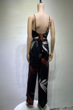 Fashion Print Patchwork Spaghetti Strap Straight Jumpsuits