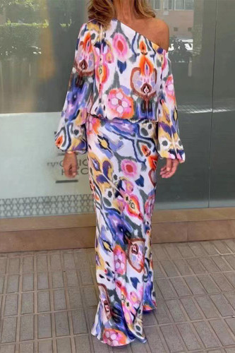 Elegant Print Printing Oblique Collar Long Sleeve Two Pieces