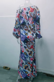 Elegant Print Printing Oblique Collar Long Sleeve Two Pieces