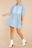 Casual Solid Patchwork Buckle Turndown Collar Half Sleeve Loose Denim Dresses