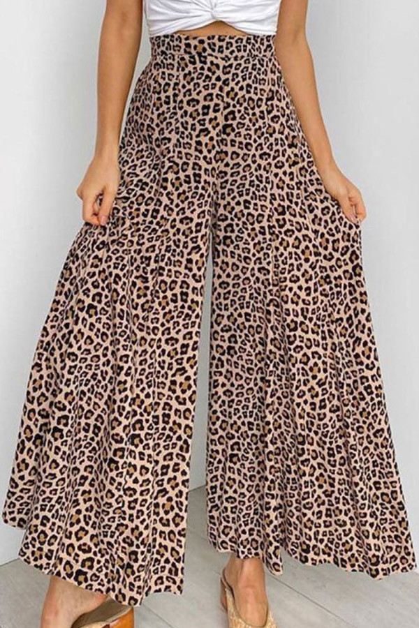 Casual Print Leopard Patchwork High Waist Wide Leg Full Print Bottoms