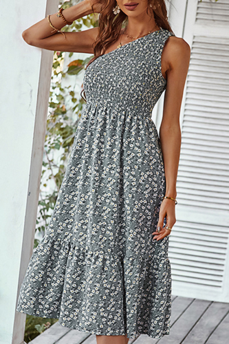Casual Print Patchwork One Shoulder Cake Skirt Dresses