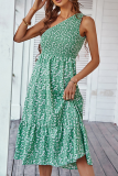 Casual Print Patchwork One Shoulder Cake Skirt Dresses